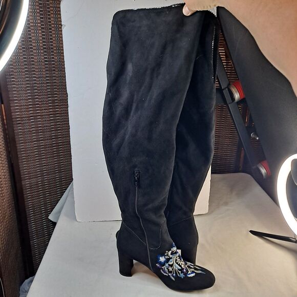 Rose Wand OTK Embroidered Boots Women's 12M Fabric Upper Black Renaissance Boho - Picture 3 of 13